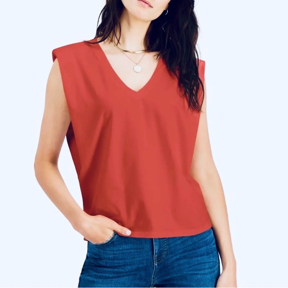 INC International Sleeveless Padded Shoulders V-Neck Top Summer Fig Orange L